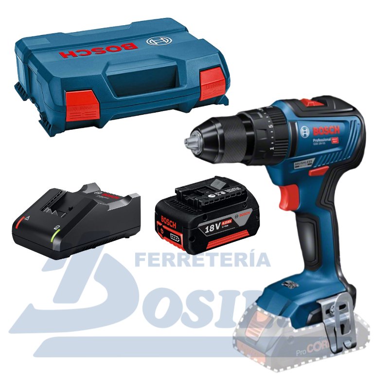 Taladro Atornillador Bosch GSB18V-55 - 1 Batería Bosch 18V 4.0Ah + Cargador  Bosch GAL 18V-40 + L-Case - Ferreteria Dosil