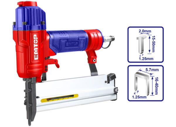 CLAVADORA 2EN1 NEUMATICA EMTOP PARA COMPRESOR 15 50mm INCLUYE GRAPAS Y CLAVOS 53671