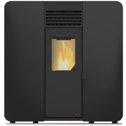 Estufa de pellet Mod. FIRST SLIM. 7 Kw. Negro Frontal con fuego